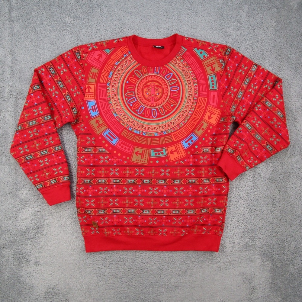 Imperious Mens Aztec Sun Calendar Sweatshirt Red Tribal Print Fleece 2XL